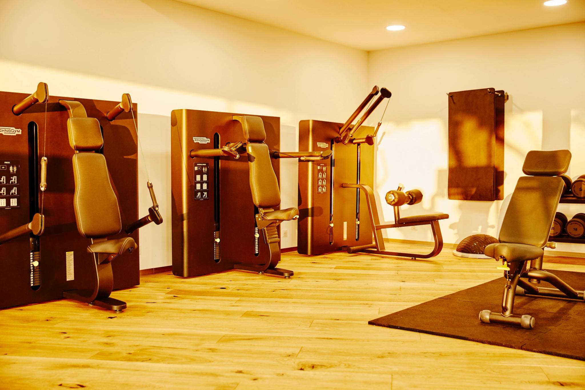 Salle de sports avec rameur, tapis de course, vélo d’appartement, elliptique et haltères à Bonifacio